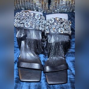 Black Sandals with Rhinestone and Fringe
